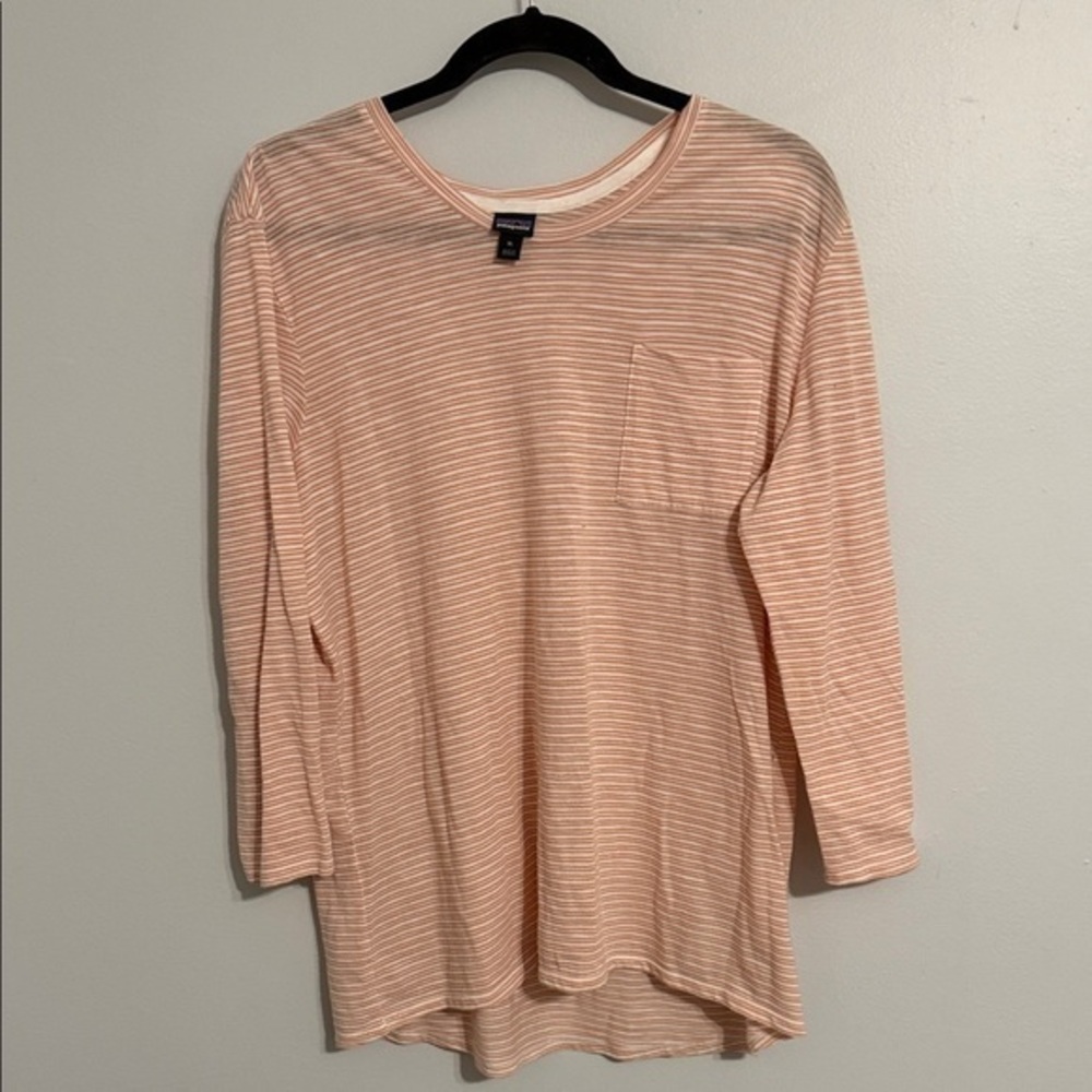 Patagonia Mainstay 3/4 Sleeve Striped Tee - XL - Coral & White Slub Knit